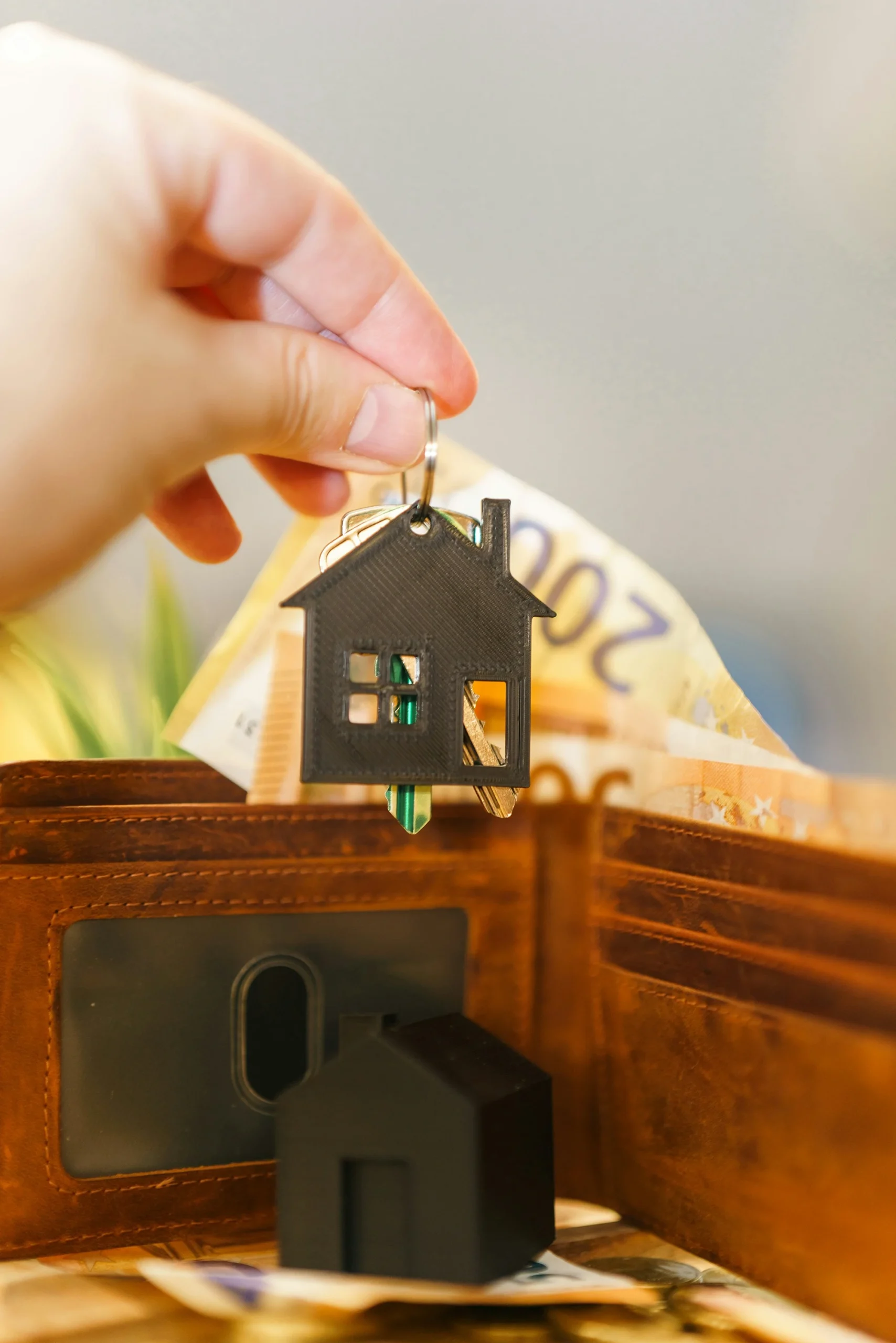 Hand holding house key symbol above wallet with money representing affordable housing and payment